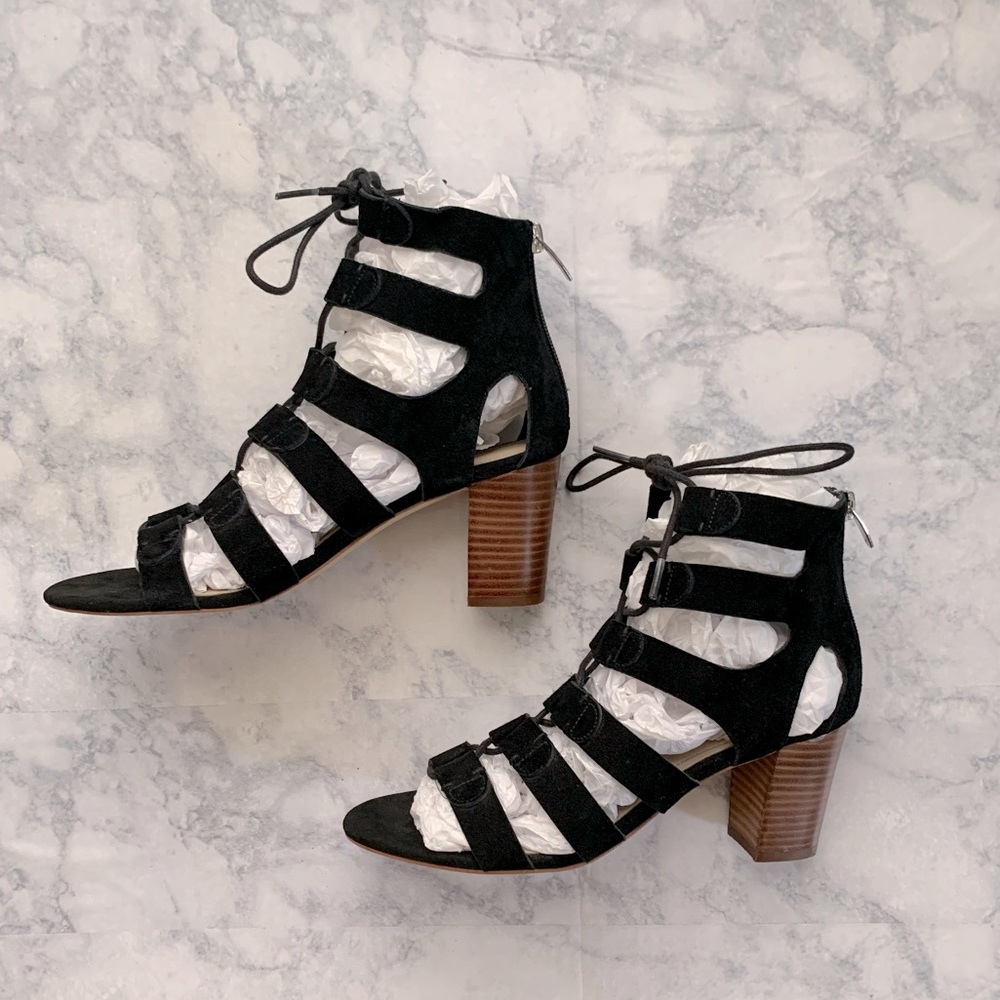 Marc Fisher | Black Suede Lace-Up Gladiator Sandals with Block Heel - Size 7
